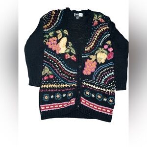 Beldoch Popper vintage Floral quirky artsy knit Black Sweater women’s L